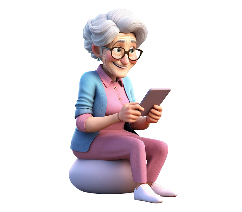 An elderly woman happily using her phone, illustrating how to contact Seniornomic for support and services